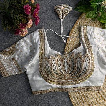 White Beautiful Heavy Sabyasachi Style Lotus Beads Work Bridal Blouse