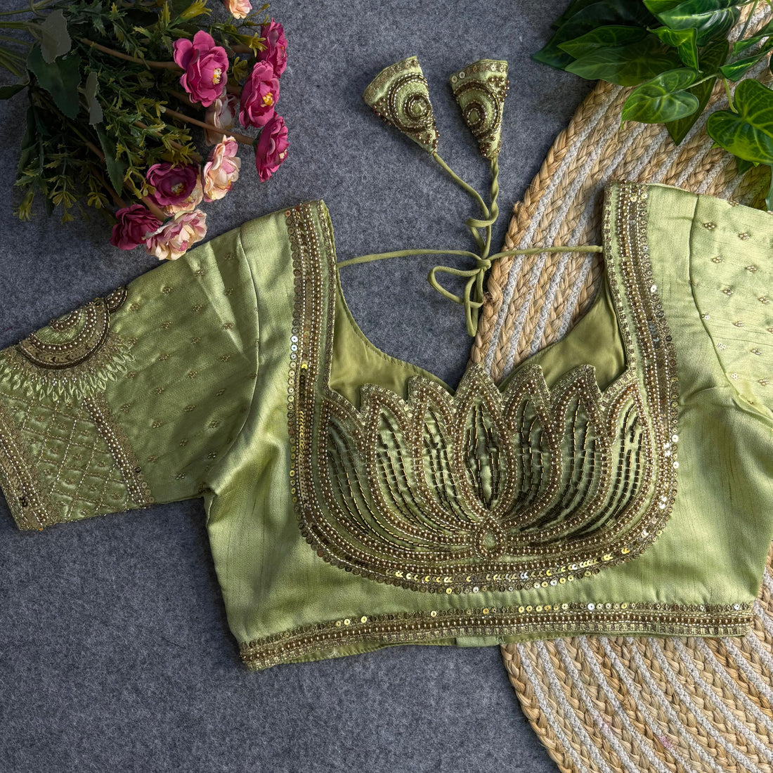 Pista Green Beautiful Heavy Sabyasachi Style Lotus Beads Work Bridal Blouse