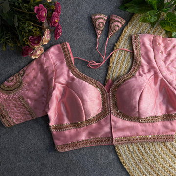 Baby Pink Beautiful Heavy Sabyasachi Style Lotus Beads Work Bridal Blouse