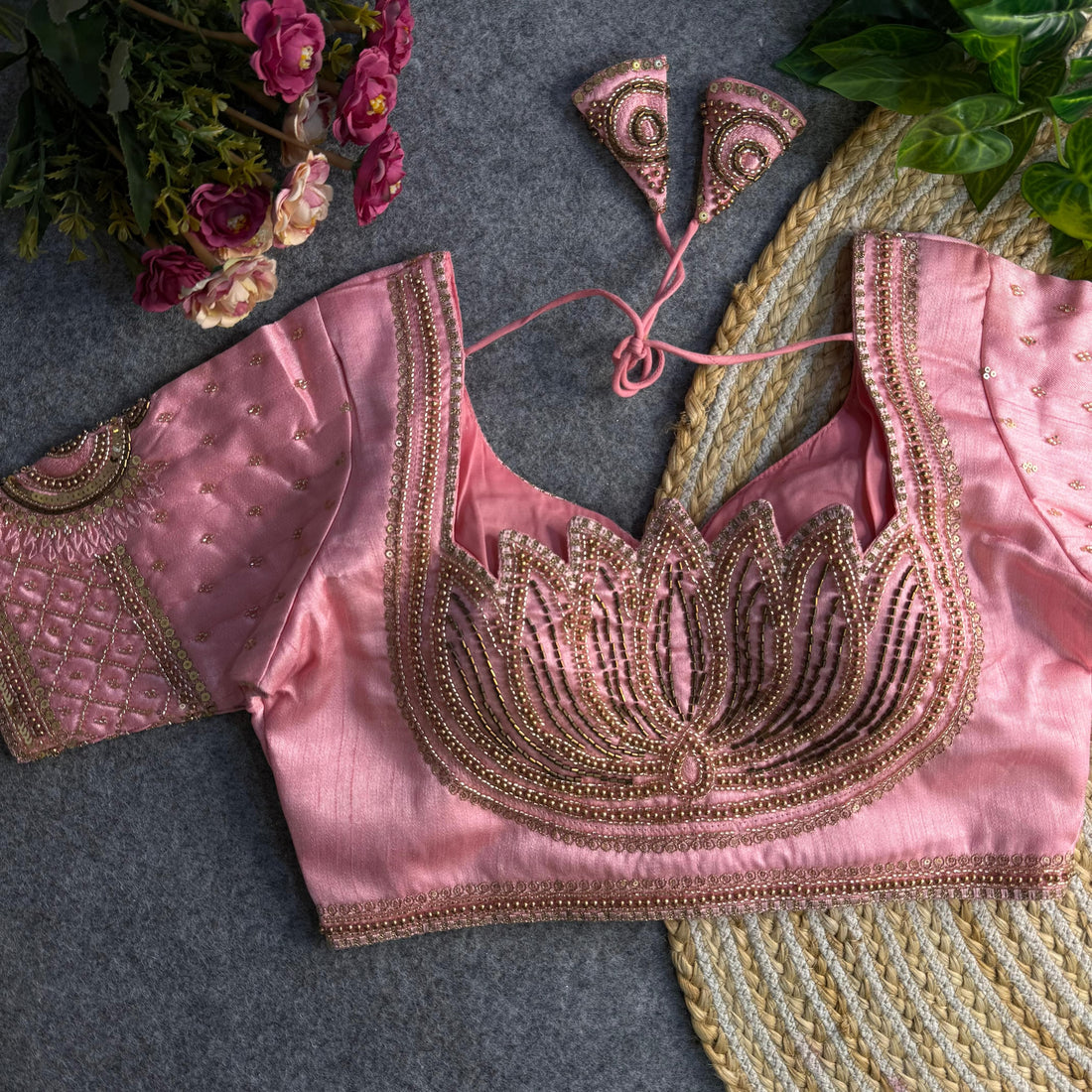 Baby Pink Beautiful Heavy Sabyasachi Style Lotus Beads Work Bridal Blouse