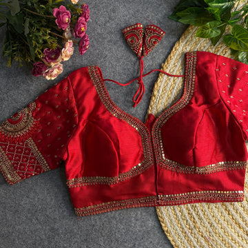 Red Beautiful Heavy Sabyasachi Style Lotus Beads Work Bridal Blouse