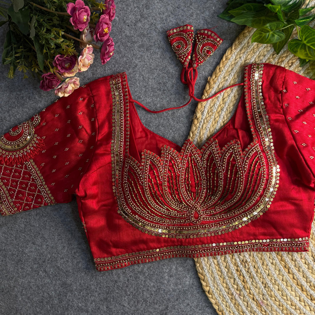 Red Beautiful Heavy Sabyasachi Style Lotus Beads Work Bridal Blouse