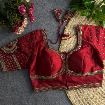 Maroon Beautiful Heavy Sabyasachi Style Lotus Beads Work Bridal Blouse