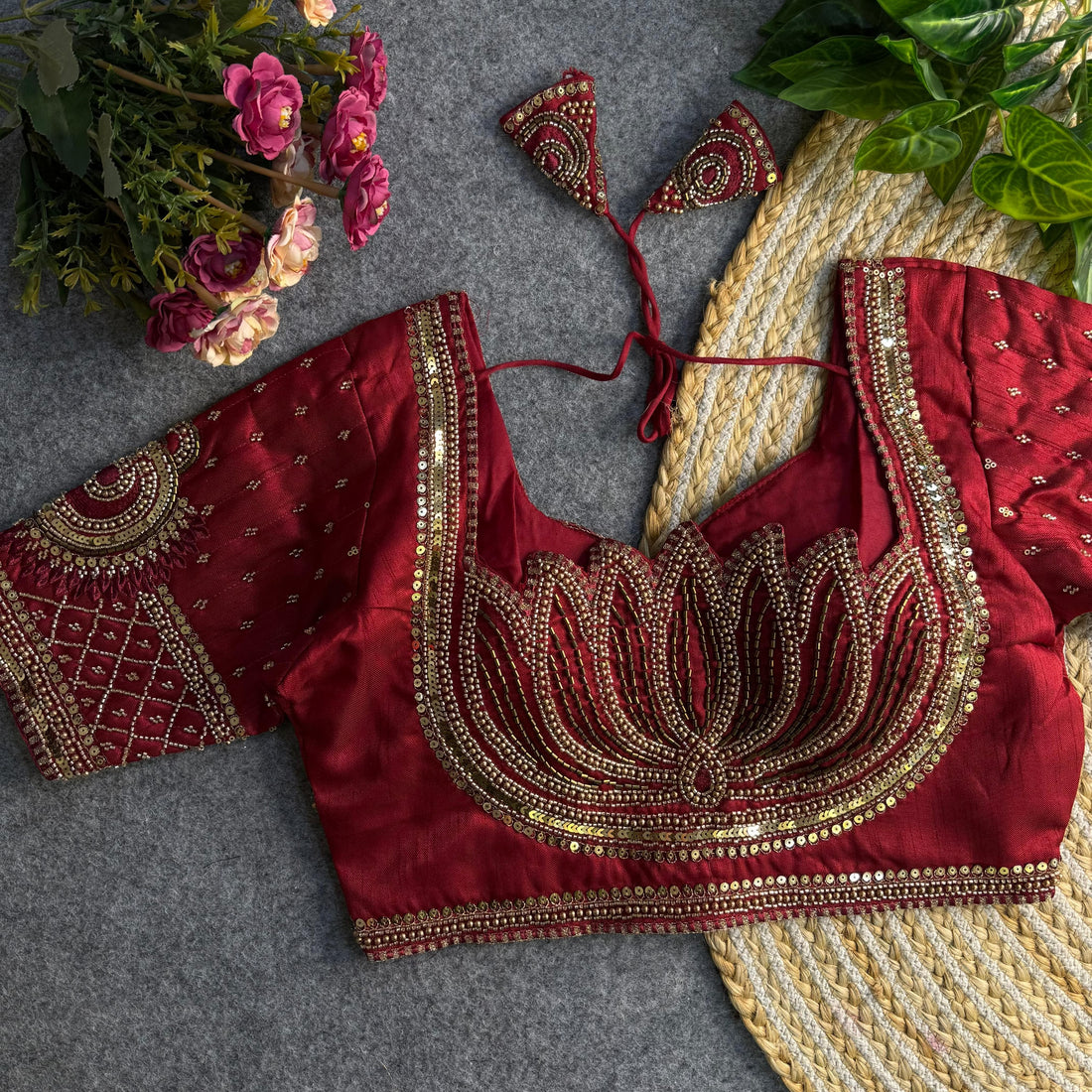 Maroon Beautiful Heavy Sabyasachi Style Lotus Beads Work Bridal Blouse