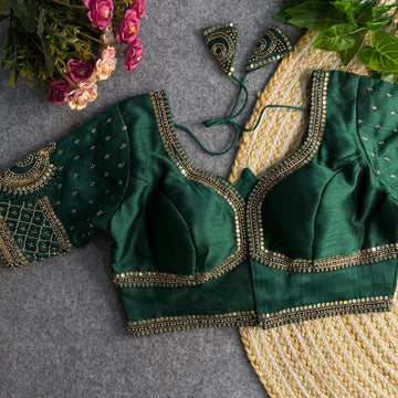 Bottle Green Beautiful Heavy Sabyasachi Style Lotus Beads Work Bridal Blouse