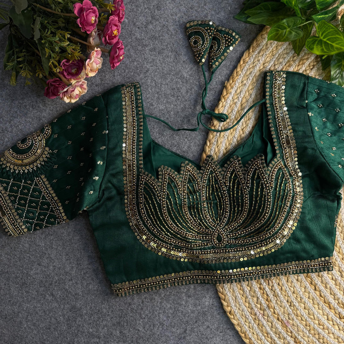 Bottle Green Beautiful Heavy Sabyasachi Style Lotus Beads Work Bridal Blouse