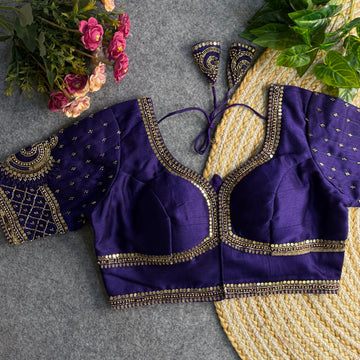 Purple Beautiful Heavy Sabyasachi Style Lotus Beads Work Bridal Blouse
