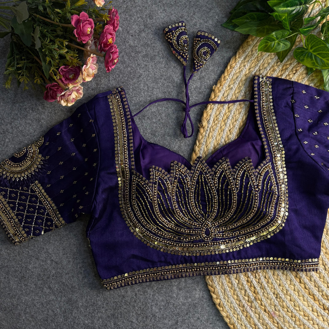 Purple Beautiful Heavy Sabyasachi Style Lotus Beads Work Bridal Blouse