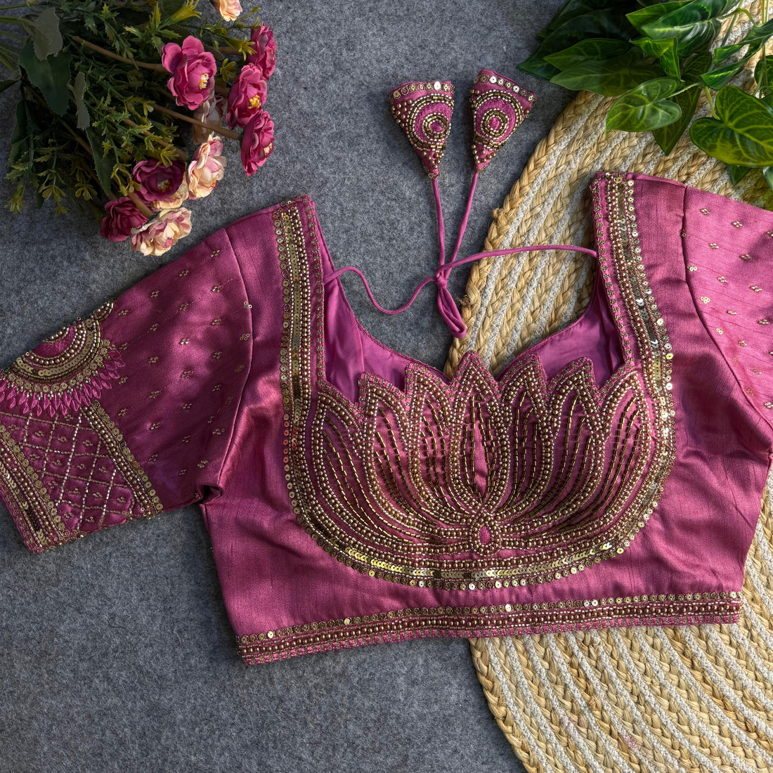 Pink Beautiful Heavy Sabyasachi Style Lotus Beads Work Bridal Blouse