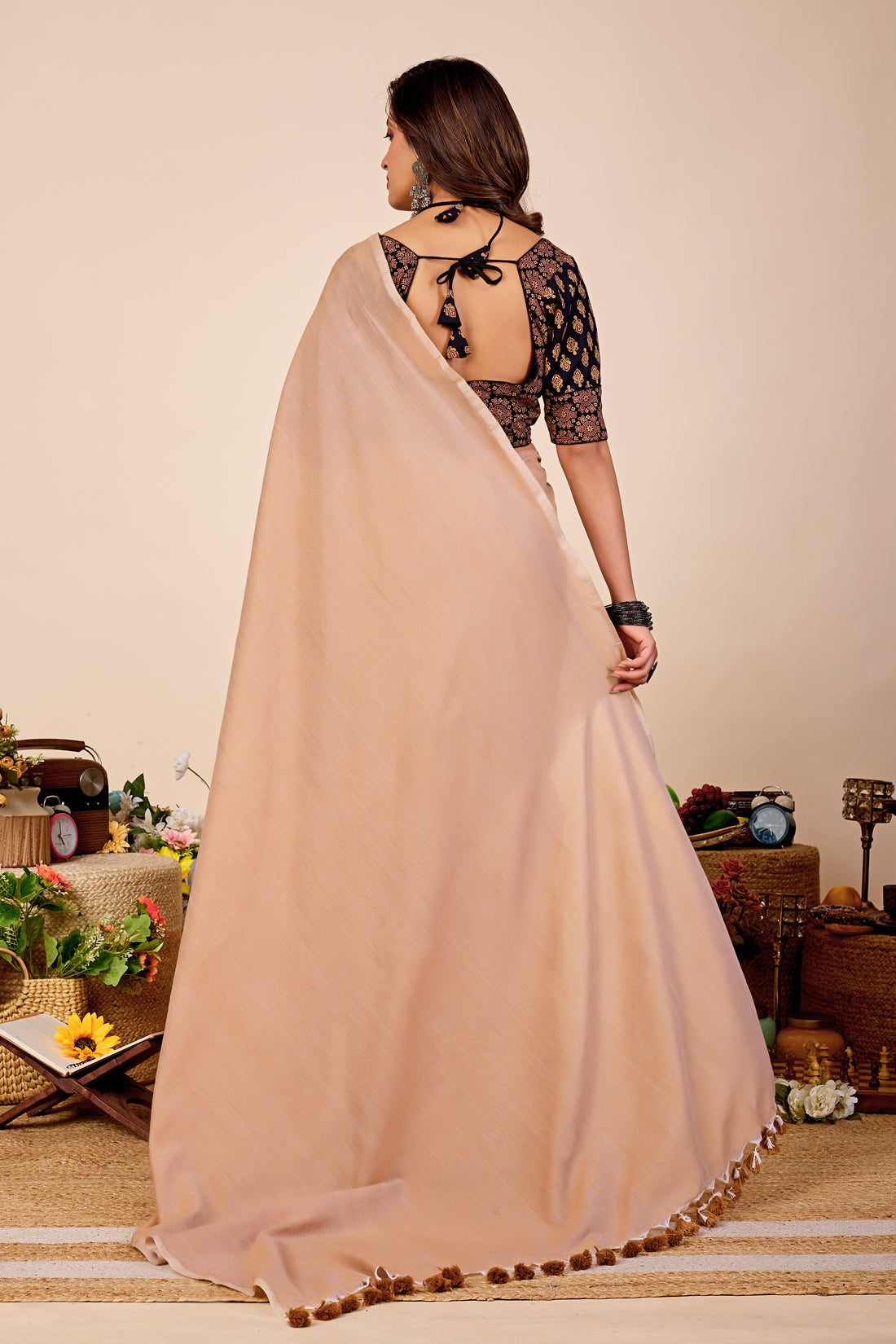 Khadi Cotton Saree With Ajrakh Printed Stitched Blouse