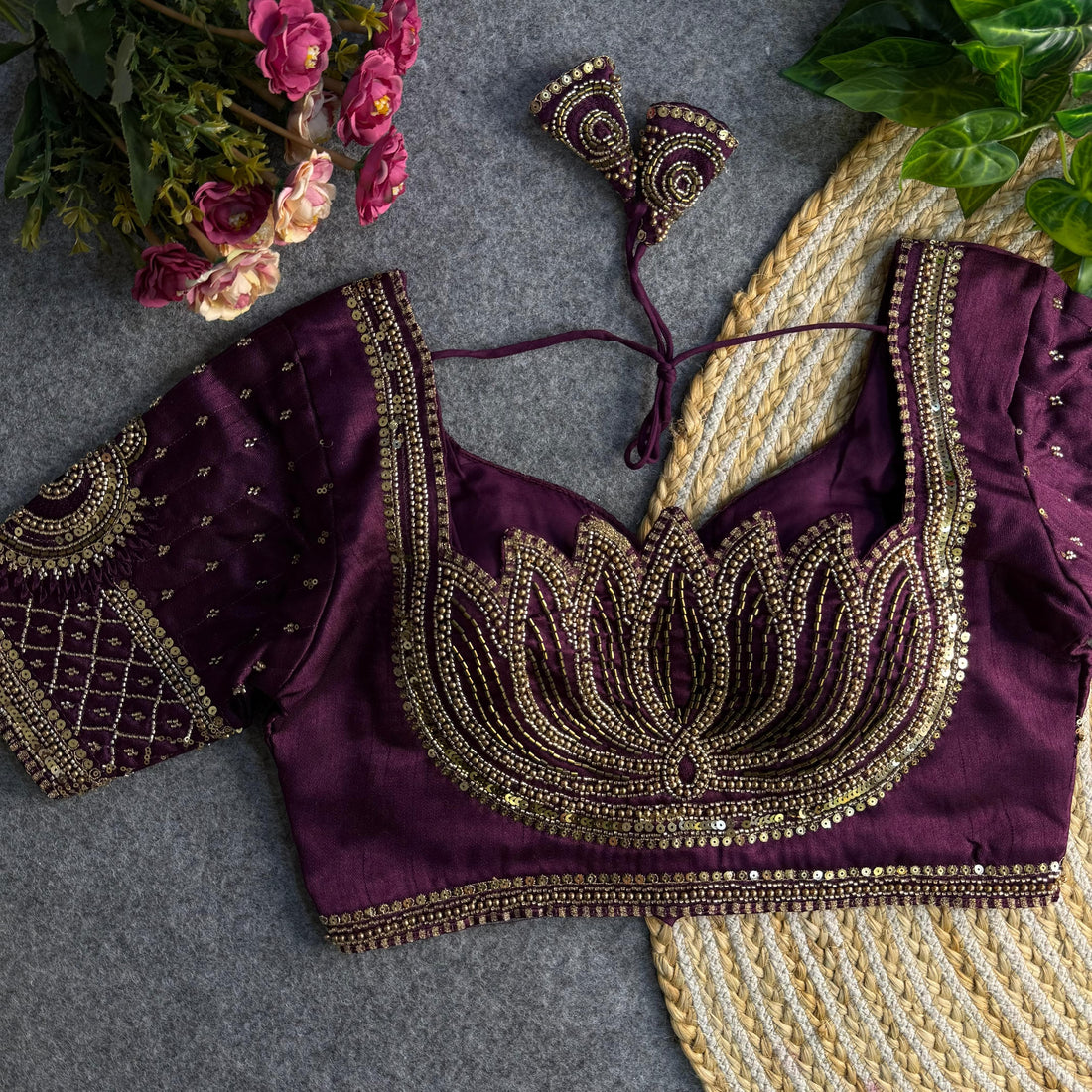 Wine Beautiful Heavy Sabyasachi Style Lotus Beads Work Bridal Blouse