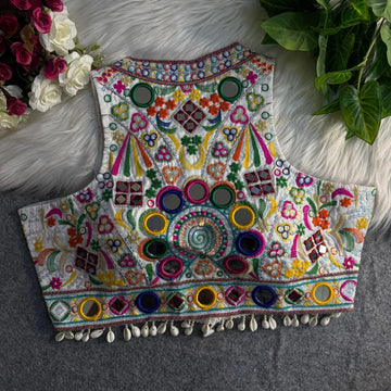 White Italian Silk Embroidered Stitched Blouse