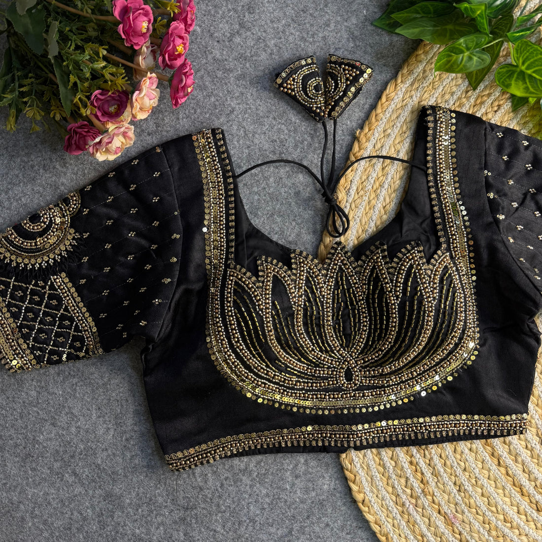Black Beautiful Heavy Sabyasachi Style Lotus Beads Work Bridal Blouse