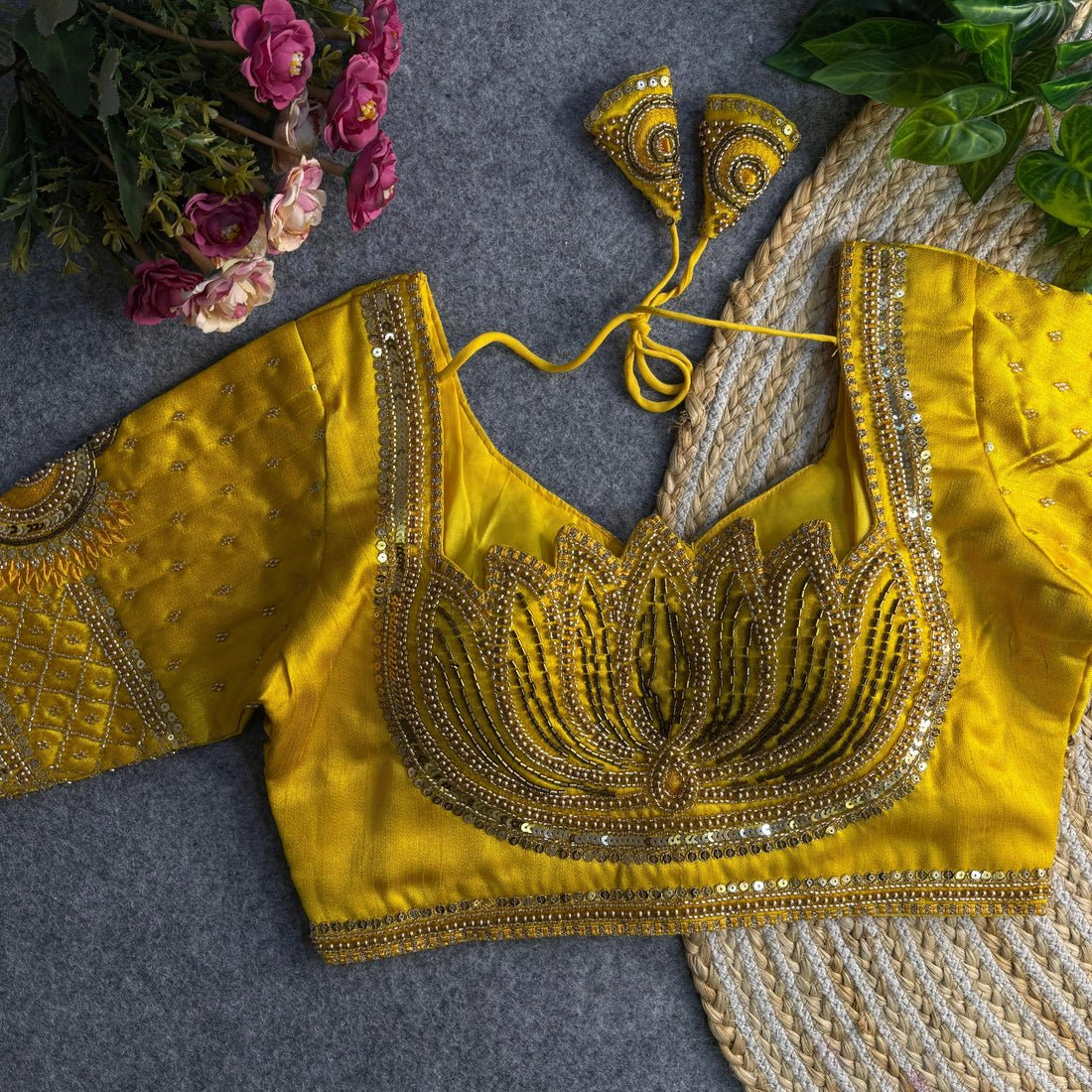 Yellow Beautiful Heavy Sabyasachi Style Lotus Beads Work Bridal Blouse