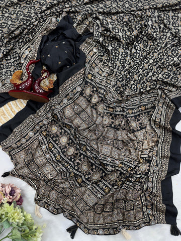 Beautiful Ajarakh Print with Zari and Real Mirror work Saree