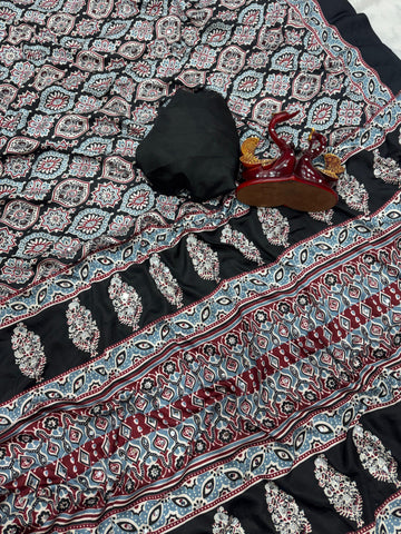 BEAUTIFUL HANDBLOCK AJRAKH SOFT CREPE SILK SAREE