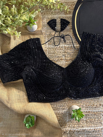 Black Handwork Beads Partywear Sabyasachi Neck Blouse in Pure Fox Georgette