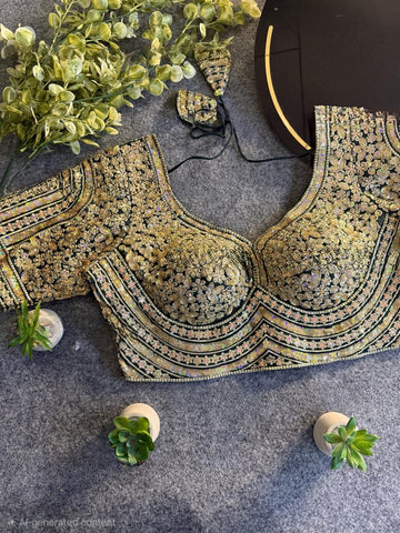 Black Italian Silk Heavy Coding & Sequin Work Sabyasachi Neck Blouse