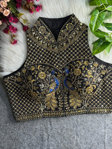 Black Halter Neck Handwork Peacock Blouse