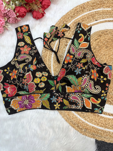 Heavy Silk  Embroidered V Neck Blouse