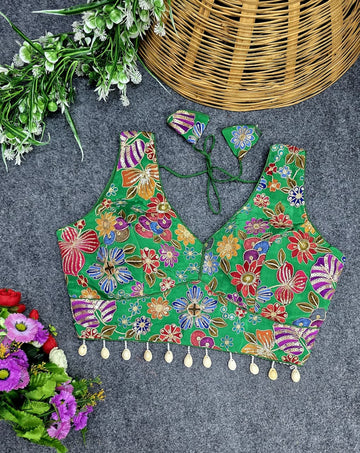 Bottle Green Viscose Pojisan Blouse Partywear Blouse