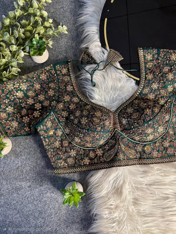 Bottle Green Italian Silk Sequin Work & Heavy Coding Sabyasachi Neck Blouse