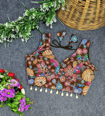 Brown Viscose Pojisan Blouse Partywear Blouse