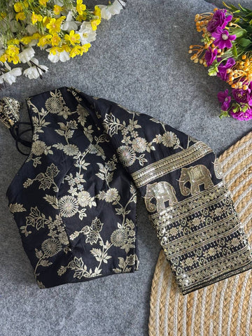 BLACK HEAVY PURE DOLA SILK FULL SLEEVES ELEPHANT DESIGN BLOUSE