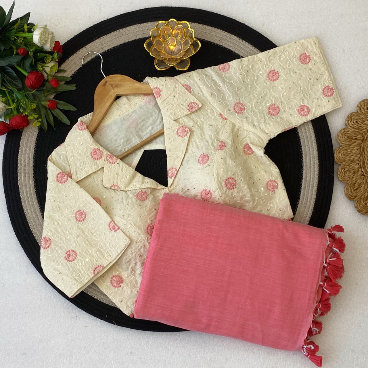khadi Blouse with pink and white embordiary