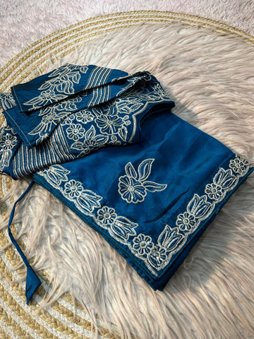 Blue Beautiful Rrangoli Silk With Heavy Sequence Thread Border Work