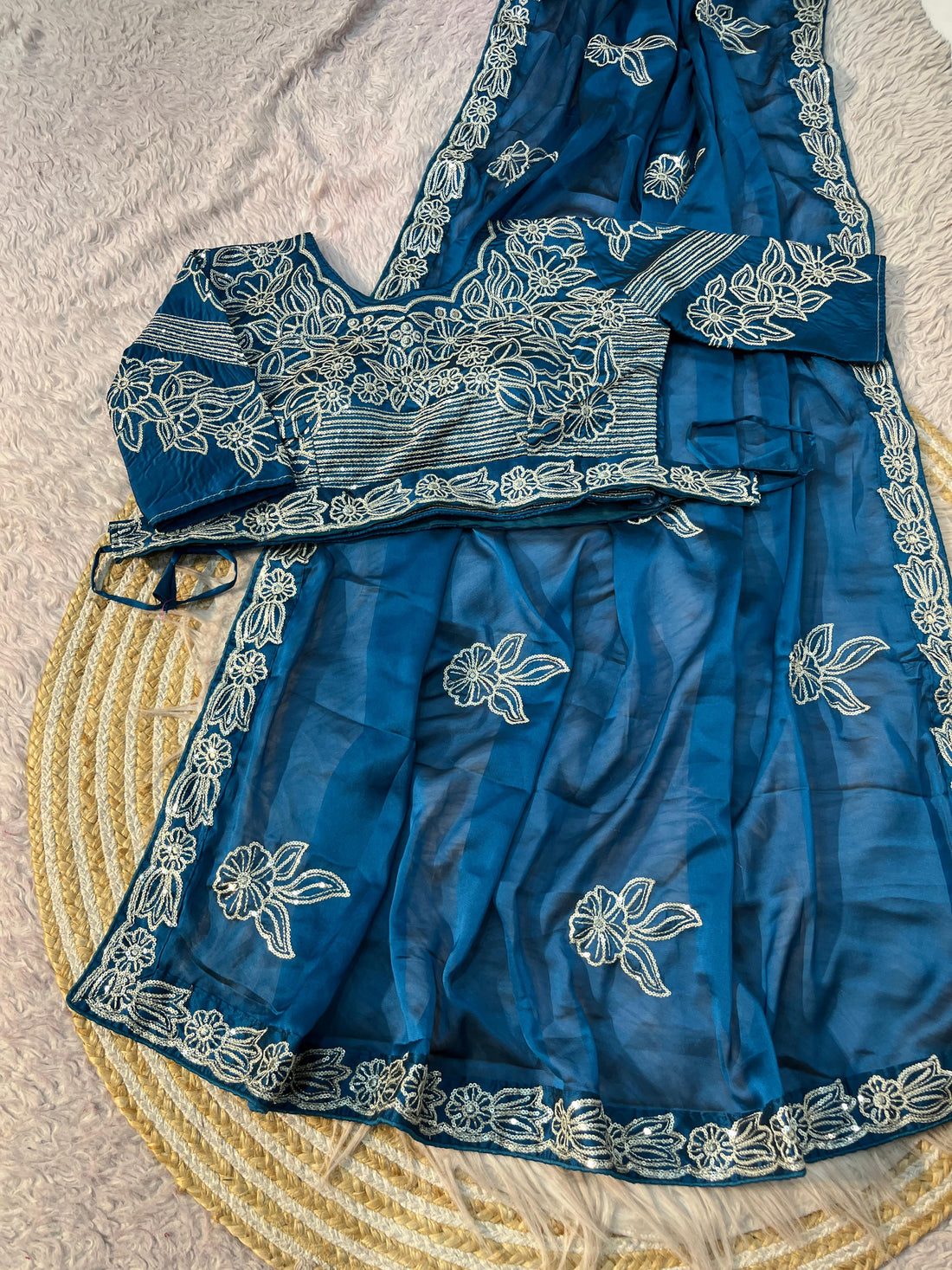 Blue Beautiful Rrangoli Silk With Heavy Sequence Thread Border Work