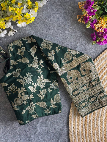 GREEN HEAVY PURE DOLA SILK FULL SLEEVES ELEPHANT DESIGN BLOUSE