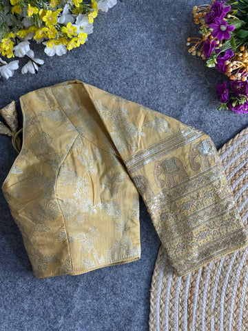 GOLD HEAVY PURE DOLA SILK FULL SLEEVES ELEPHANT DESIGN BLOUSE
