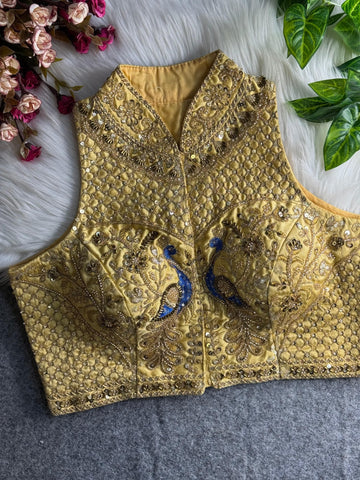 Gold Halter Neck Handwork Peacock Blouse