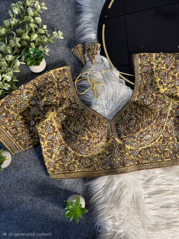 Gold Italian Silk Sequin Work & Heavy Coding Sabyasachi Neck Blouse