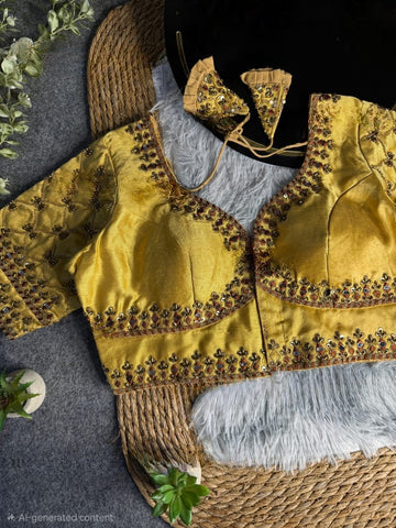 Gold Italian Silk Heavy Embroidery & Beads Work Wedding Blouse