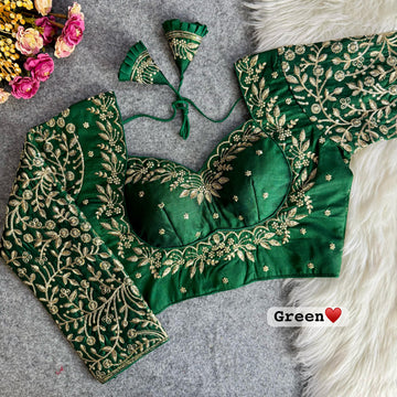 Green Vichitra Silk Embroidered Stitched Bridal Blouse