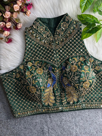 Green Halter Neck Handwork Peacock Blouse