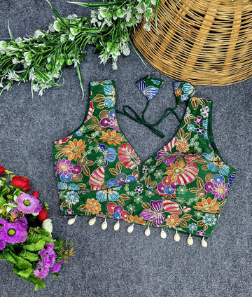 Green Viscose Pojisan Blouse Partywear Blouse