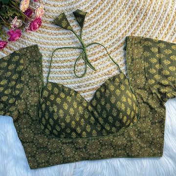 Green Cotton Ajrakh Print Halter Neck Embroidered Stitched Blouse