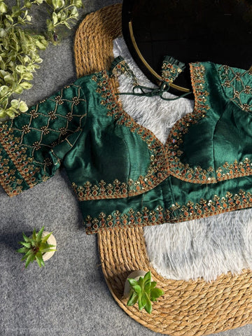 Green Italian Silk Heavy Embroidery & Beads Work Wedding Blouse