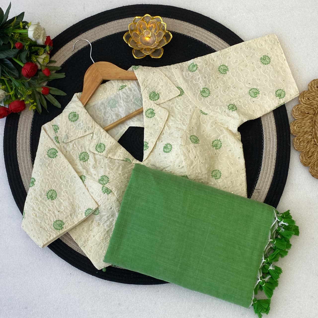 Green and beige traditional balouse with a green saree