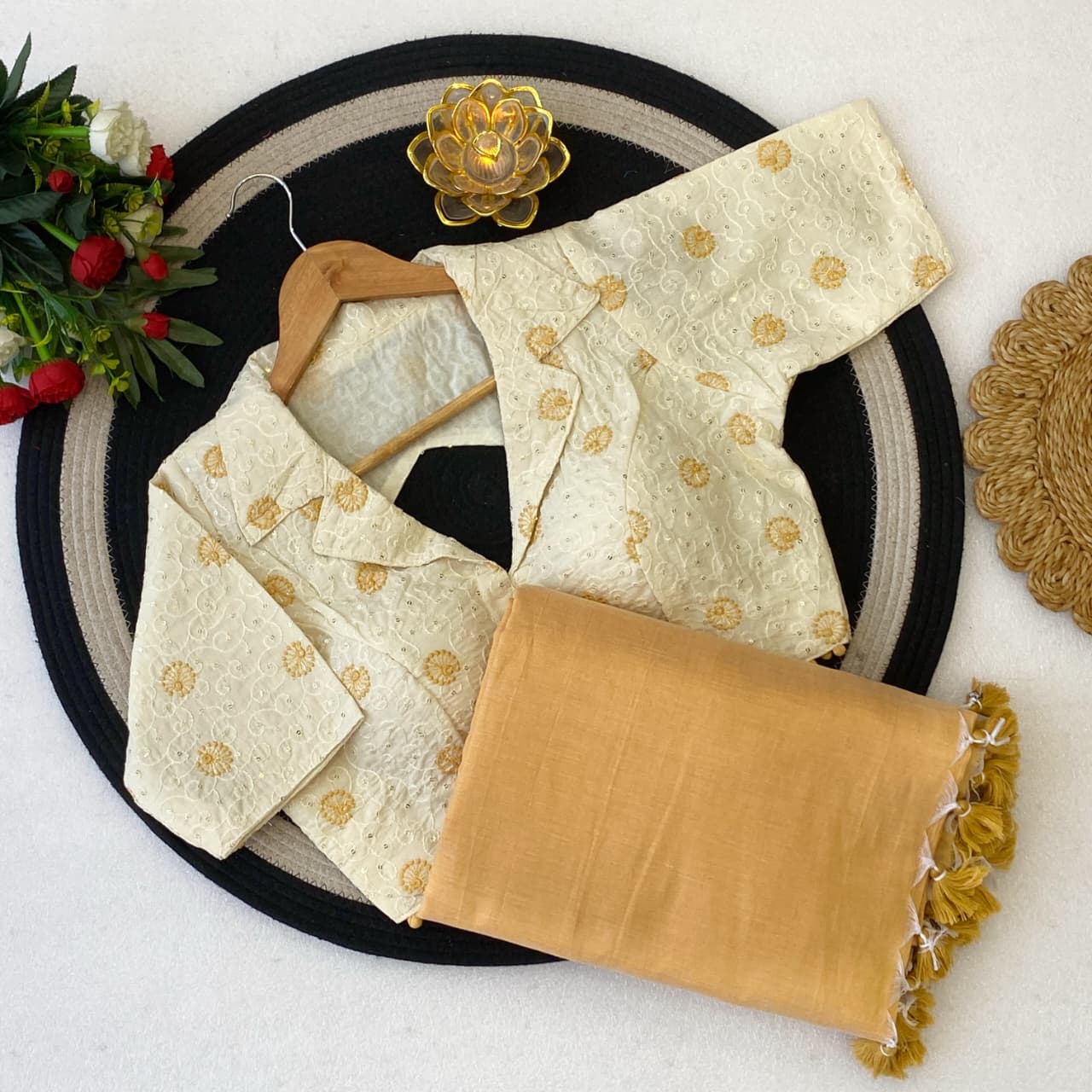 Traditional  khadi outfit with embroidered blouse and mustard yellow saree