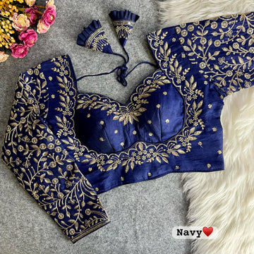 Navy Vichitra Silk Embroidered Stitched Bridal Blouse