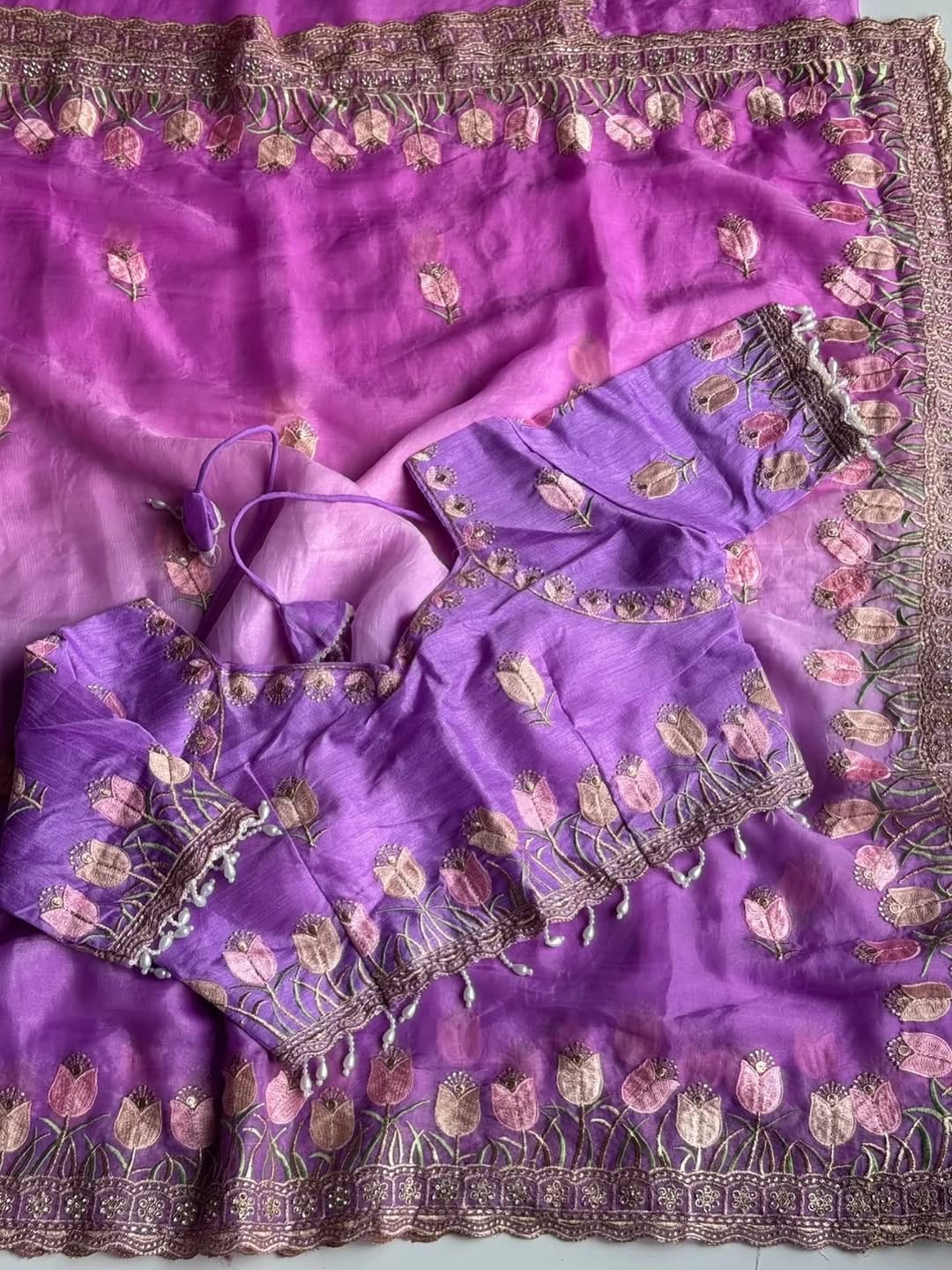 Lavender Beautiful Lotus Embroidery Fendy Sartin Sari With Blouse