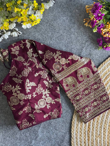 MAROON HEAVY PURE DOLA SILK FULL SLEEVES ELEPHANT DESIGN BLOUSE