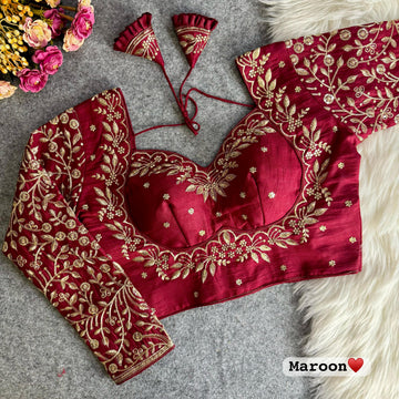 Maroon Vichitra Silk Embroidered Stitched Bridal Blouse