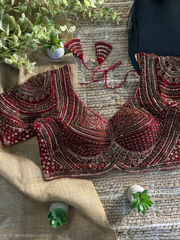 Maroon Handwork Beads Partywear Sabyasachi Neck Blouse in Pure Fox Georgette
