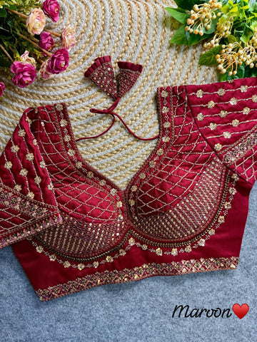 Maroon Sabyasachi Inspired Bridal Blouse Beautiful Heavy Stars & Beads Work