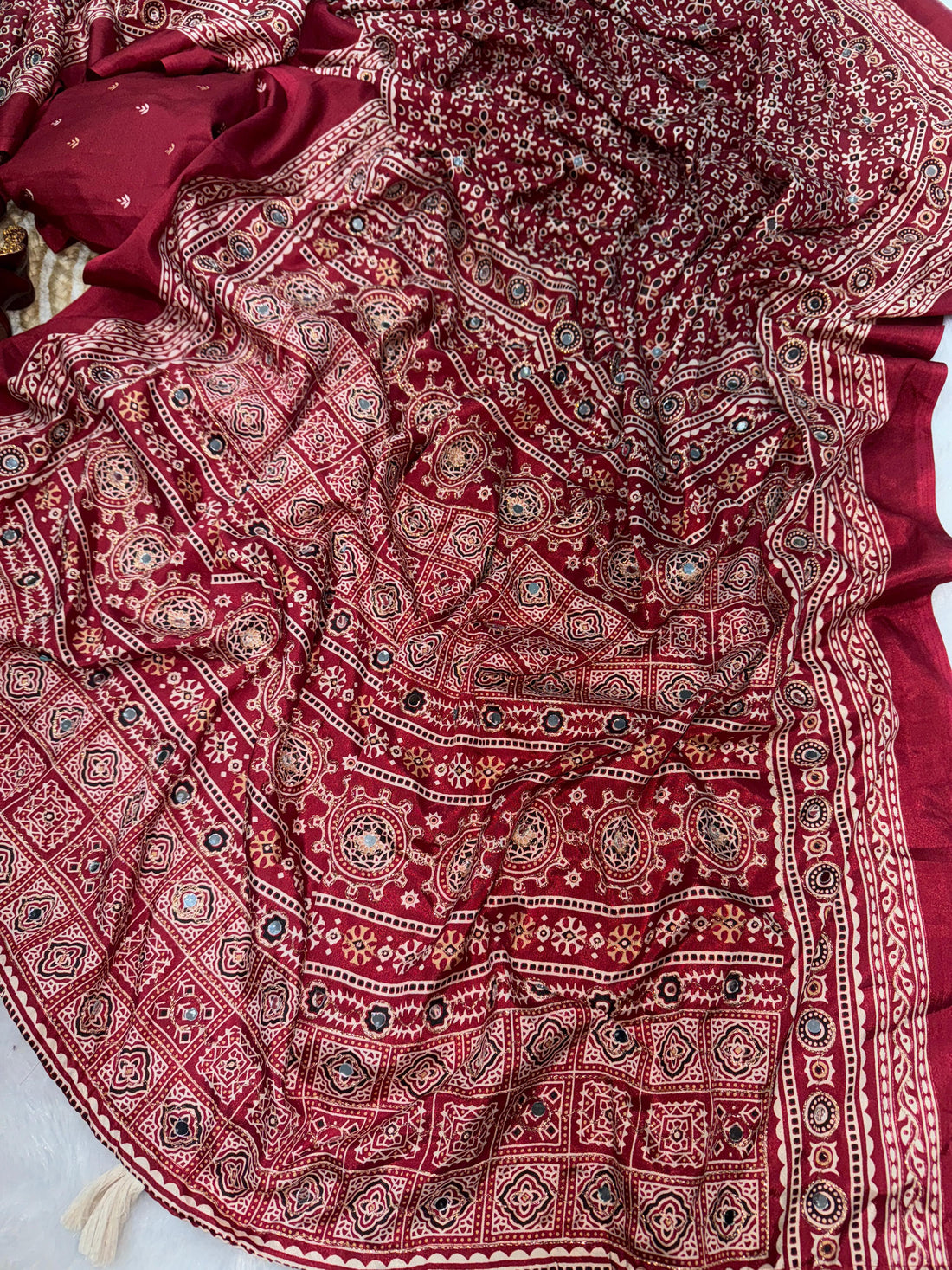 Beautiful Ajarakh Print with Zari and Real Mirror work Saree